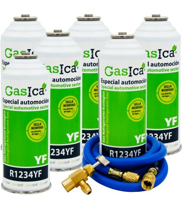 Gas refrigerante R1234yf GASICA YF pack 6 botellass + manguera carga 5/16"-1/4" + válvula
