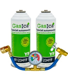 Pack gas refrigerante ecológico R1234yf GASICA YF  pack 2 botellas + Manómetro