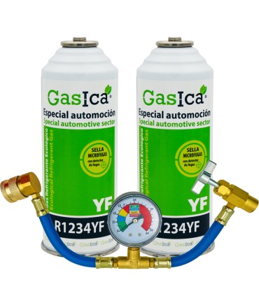 Pack gas refrigerante ecológico R1234yf GASICA YF  pack 2 botellas + Manómetro