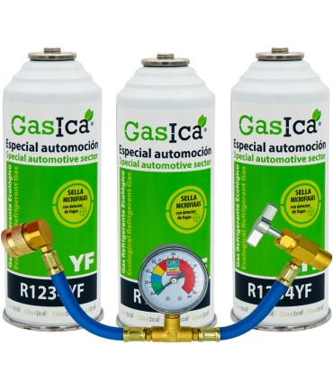 Gas refrigerante R1234yf GASICA YF pack 3 botellas + Manómetro