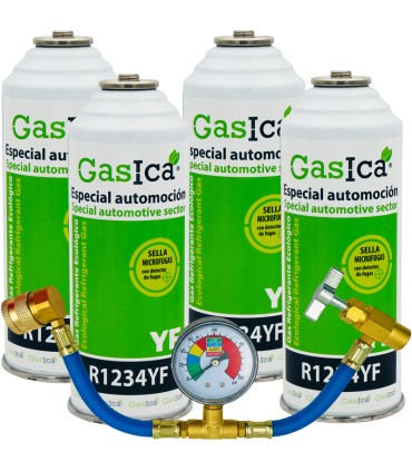 Gas refrigerante R1234yf GASICA YF pack 4 botellas + Manómetro