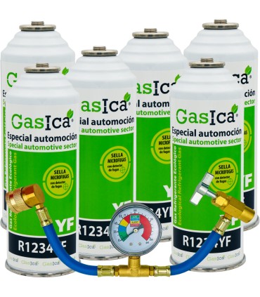 Gas refrigerante R1234yf GASICA YF pack 6 botellas + Manómetro