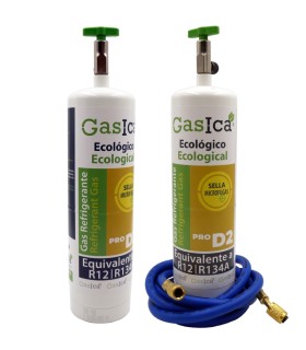 Pack 2 botellas gas refrigerante GASICA PRO D2 - R12 R134a + manguera carga 1/4"x1/4"
