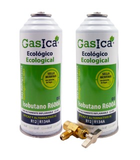 Pack gas refrigerante R12 R134A Gasica D2 Isobutano R600A + válvula