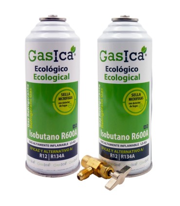 Pack gas refrigerante R12 R134A Gasica D2 Isobutano R600A + válvula