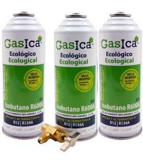 Gas refrigerante R12 R134A Gasica D2 pack 3 botellas  Isobutano R600A + válvula