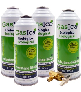 Gas refrigerante R12 R134A Gasica D2 pack 4 botellas  Isobutano R600A + válvula