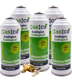 Gas refrigerante R12 R134A Gasica D2 pack 5 botellas  Isobutano R600A + válvula