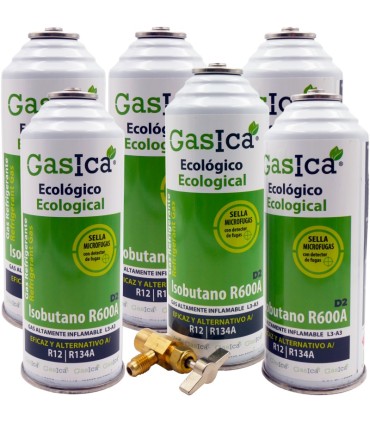 Gas refrigerante R12 R134A Gasica D2 pack 6 botellas  Isobutano R600A + válvula