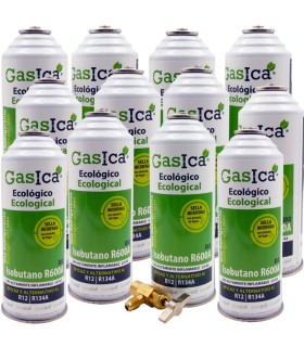 Gas refrigerante R12 R134A Gasica D2 pack 12 botellas  Isobutano R600A + válvula