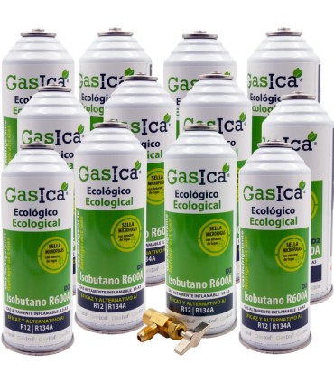Gas refrigerante R12 R134A Gasica D2 pack 12 botellas  Isobutano R600A + válvula