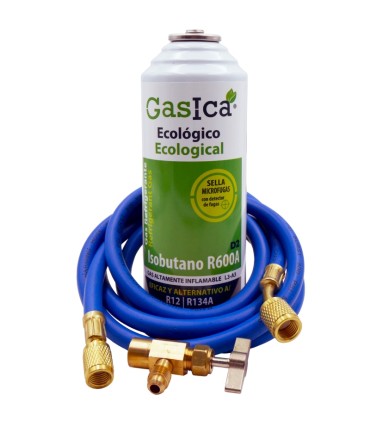 Gas refrigerante R12 R134A Gasica D2 Isobutano R600A + manguera carga 1/4"-1/4" + válvula