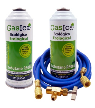 Pack gas refrigerante R12 R134A Gasica D2 Isobutano R600A + manguera carga 1/4"-1/4" + válvula