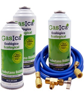 Gas refrigerante R12 R134A Gasica D2 pack 3 botellas  Isobutano R600A + manguera carga 5/16"-1/4" + válvula