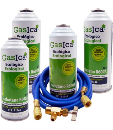 Gas refrigerante R12 R134A Gasica D2 pack 4 botellas Isobutano R600A + manguera carga 1/4"-1/4" + válvula