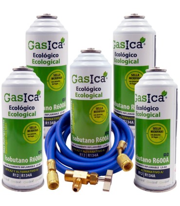 Gas refrigerante R12 R134A Gasica D2 pack 5 botellas Isobutano R600A + manguera carga 5/16"-1/4" + válvula