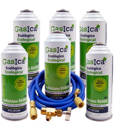 Gas refrigerante R12 R134A Gasica D2 pack 6 botellas Isobutano R600A + manguera carga 1/4"-1/4" + válvula