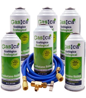 Gas refrigerante R12 R134A Gasica D2 pack 6 botellas Isobutano R600A + manguera carga 5/16"-1/4" + válvula