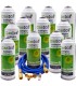 Gas refrigerante R12 R134A Gasica D2 pack 12 botellas Isobutano R600A + manguera carga 1/4"-1/4" + válvula