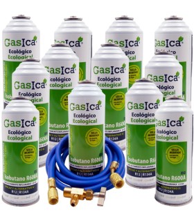 Gas refrigerante R12 R134A Gasica D2 pack 12 botellas Isobutano R600A + manguera carga 5/16"-1/4" + válvula