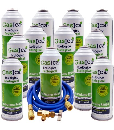 Gas refrigerante R12 R134A Gasica D2 pack 12 botellas Isobutano R600A + manguera carga 5/16"-1/4" + válvula