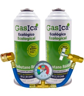 Pack gas refrigerante R12 R134A Gasica D2 Isobutano R600A + manómetro + manguera + válvula