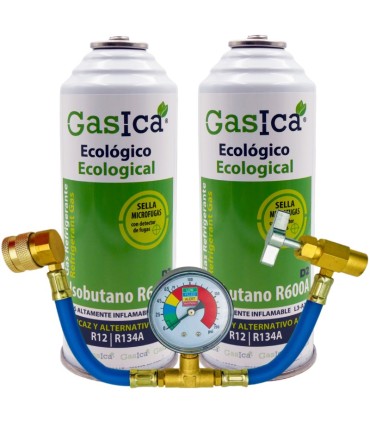 Pack gas refrigerante R12 R134A Gasica D2 Isobutano R600A + manómetro + manguera + válvula