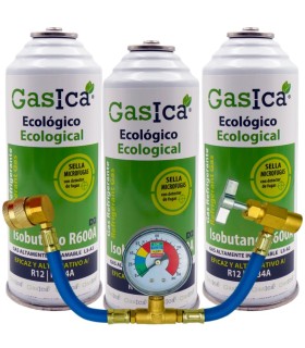 Gas refrigerante R12 R134A Gasica D2 pack 3 botellas  Isobutano R600A + manómetro + manguera + válvula