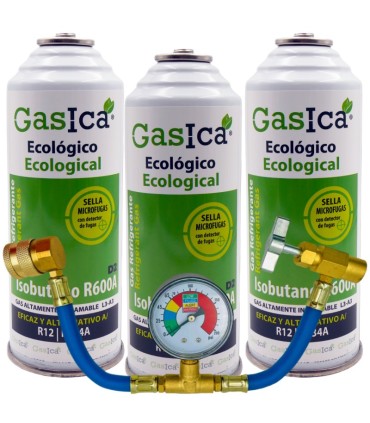 Gas refrigerante R12 R134A Gasica D2 pack 3 botellas  Isobutano R600A + manómetro + manguera + válvula
