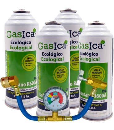 Gas refrigerante R12 R134A Gasica D2 pack 4 botellas Isobutano R600A + manómetro + manguera + válvula