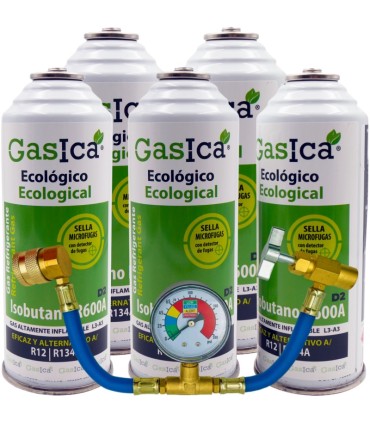 Gas refrigerante R12 R134A Gasica D2 pack 5 botellas Isobutano R600A + manómetro + manguera + válvula