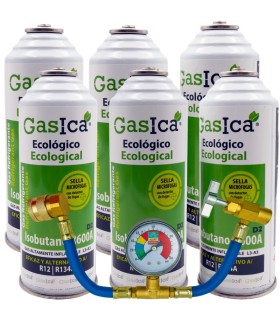 Gas refrigerante R12 R134A Gasica D2 pack 6 botellas Isobutano R600A + manómetro + manguera + válvula
