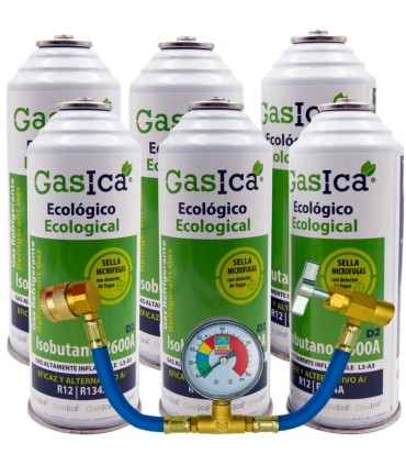 Gas refrigerante R12 R134A Gasica D2 pack 6 botellas Isobutano R600A + manómetro + manguera + válvula