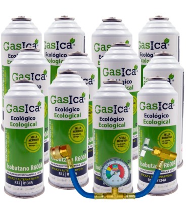Gas refrigerante R12 R134A Gasica D2 pack 12 botellas Isobutano R600A + manómetro + manguera + válvula